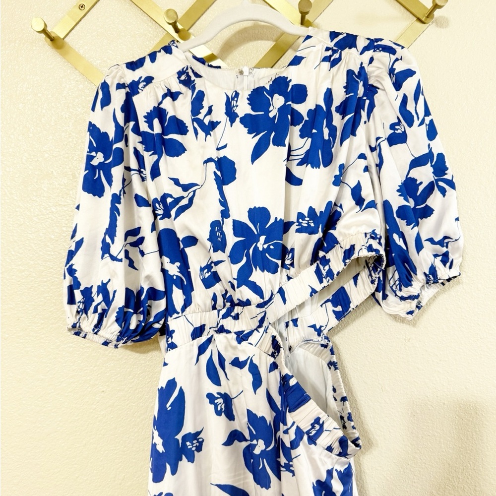 Petal & Pup Aminah Puff Sleeve Dress Blue White Floral Side Cut Out Midi Large - Picture 10 of 10